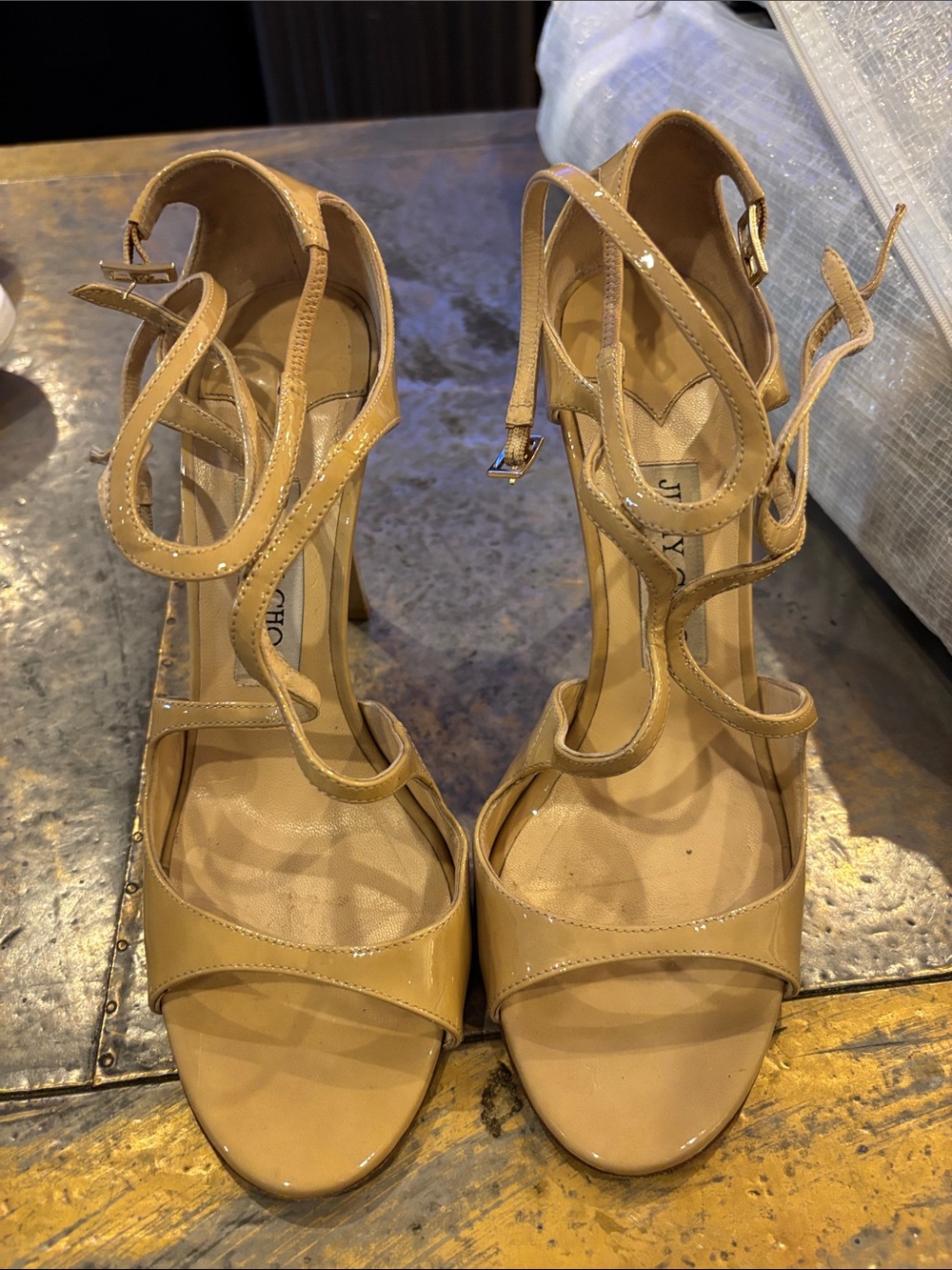 Jimmy Choo Nude Tan Strappy Patent Herls